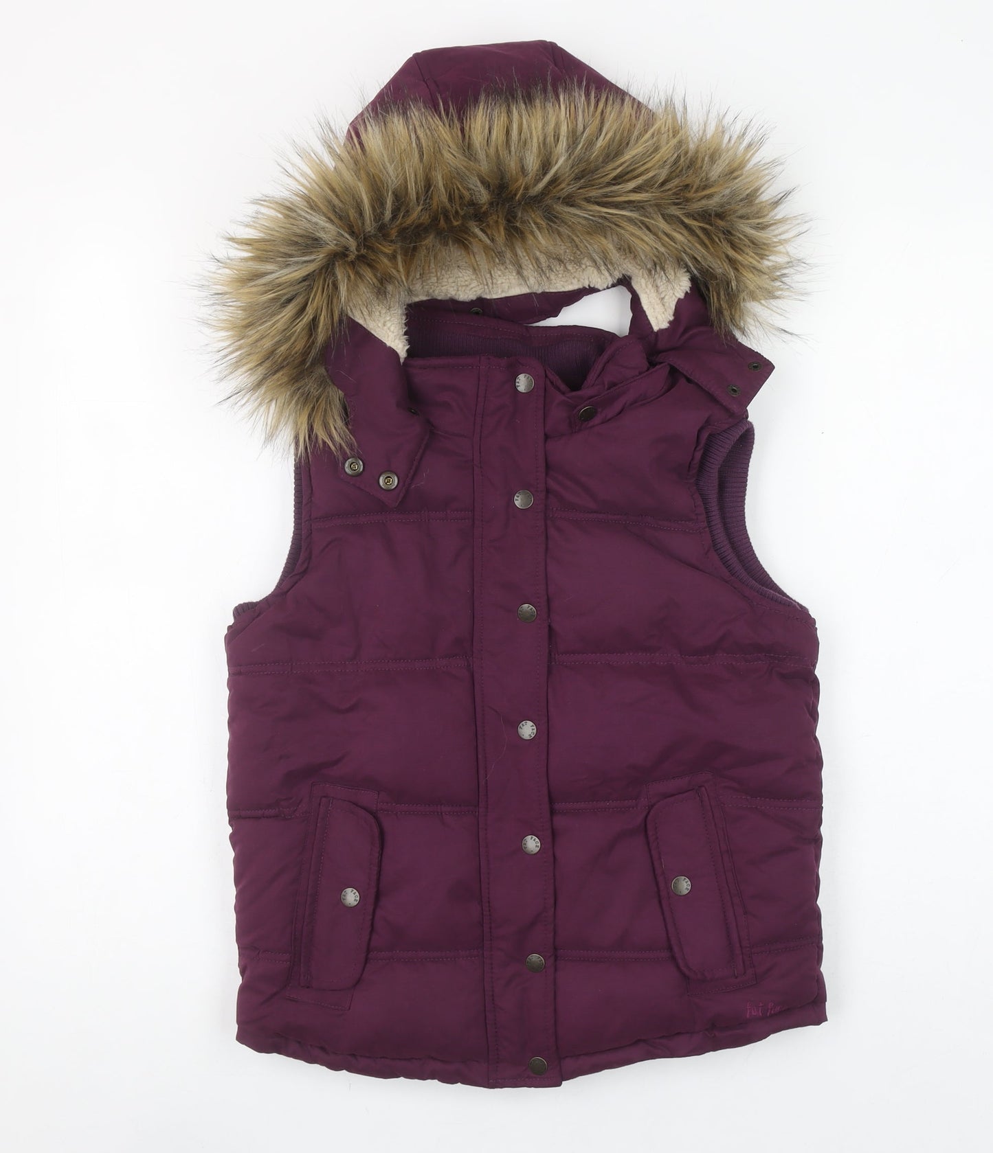 Fat Face Girls Purple Hooded Padded Gilet 10-11 Years Faux Fur Trim