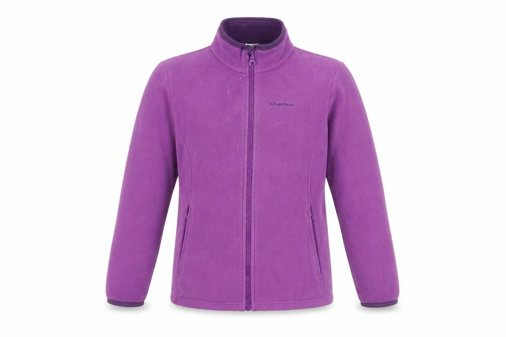 Front view of Quechua girls’ purple fleece full zip outdoor jacket, size 12, years