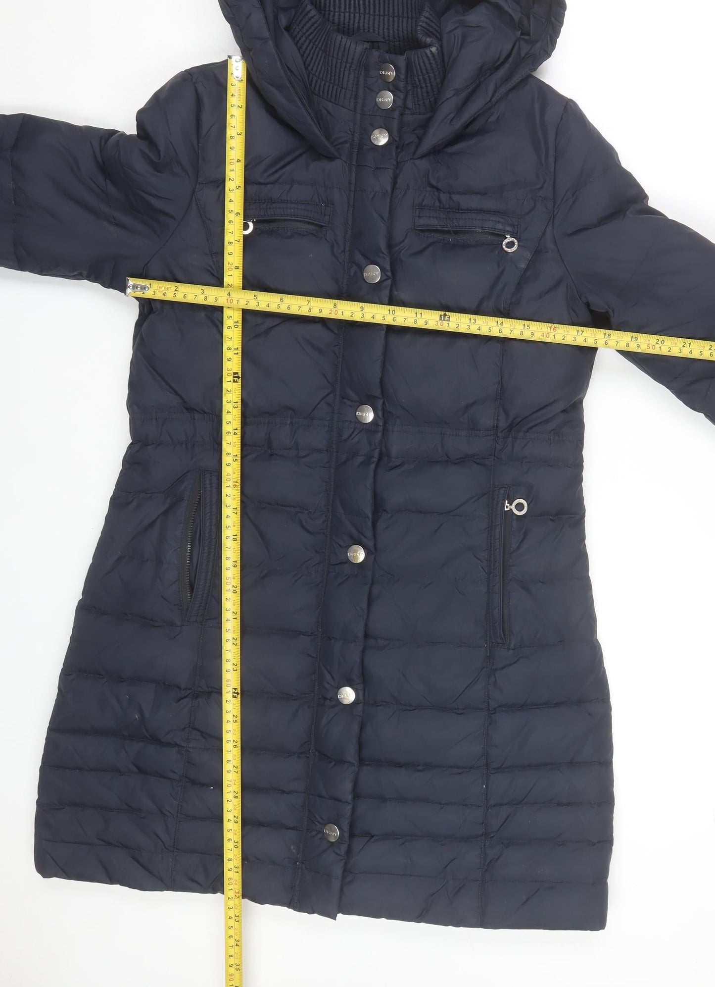 DKNY Women's Blue Long Puffer Coat S Hooded Quilted Winter Jacket