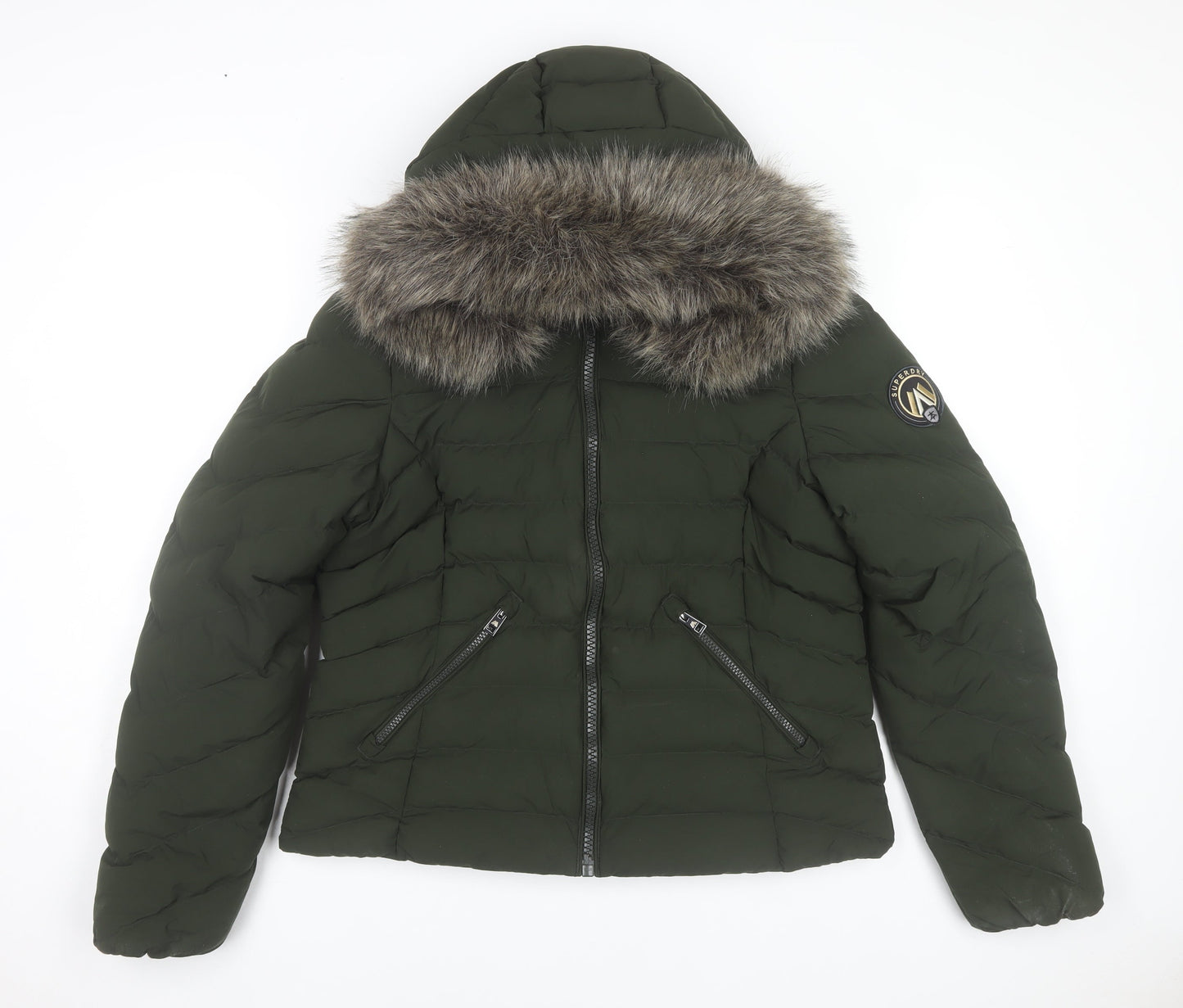 Superdry Womens Green Puffer Jacket Hooded Fur Trim Size 12