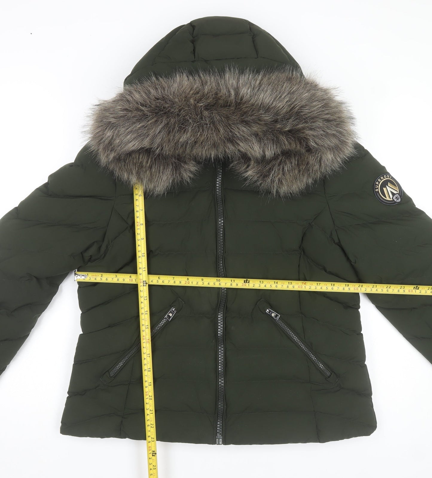 Superdry Womens Green Puffer Jacket Hooded Fur Trim Size 12