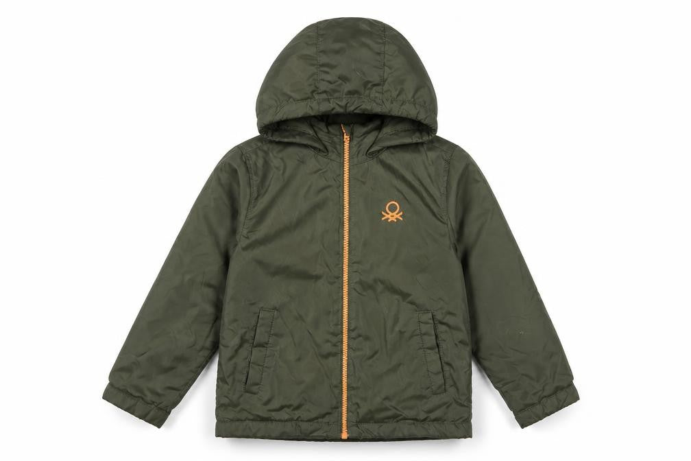 Front view of United Colors of Benetton boys’ green hooded puffer jacket, size 6-7, years