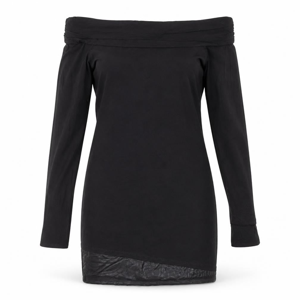 Front view of ASOS Women’s Black Off Shoulder Long Sleeve Stretch Bodycon Dress, size UK 12-14