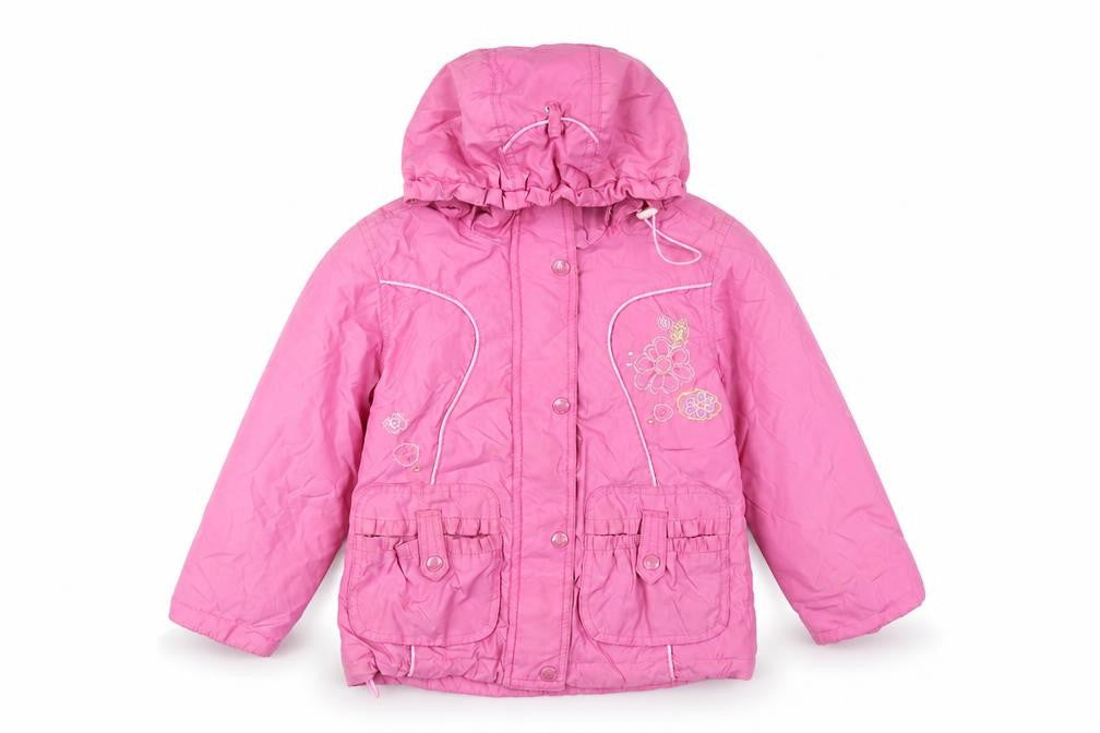 Front view of Diva Club girls’ pink hooded padded floral embroidered winter jacket 3 years