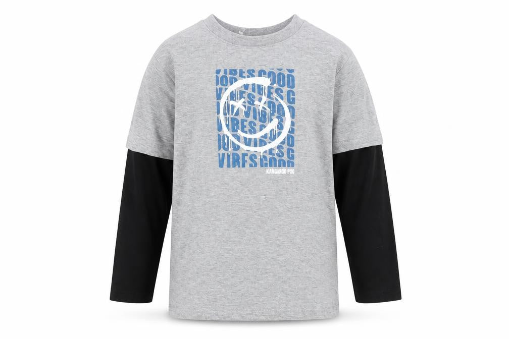 Front view of Kangaroo Poo boys’ grey long sleeve graphic pullover t-shirt 5-6 years
