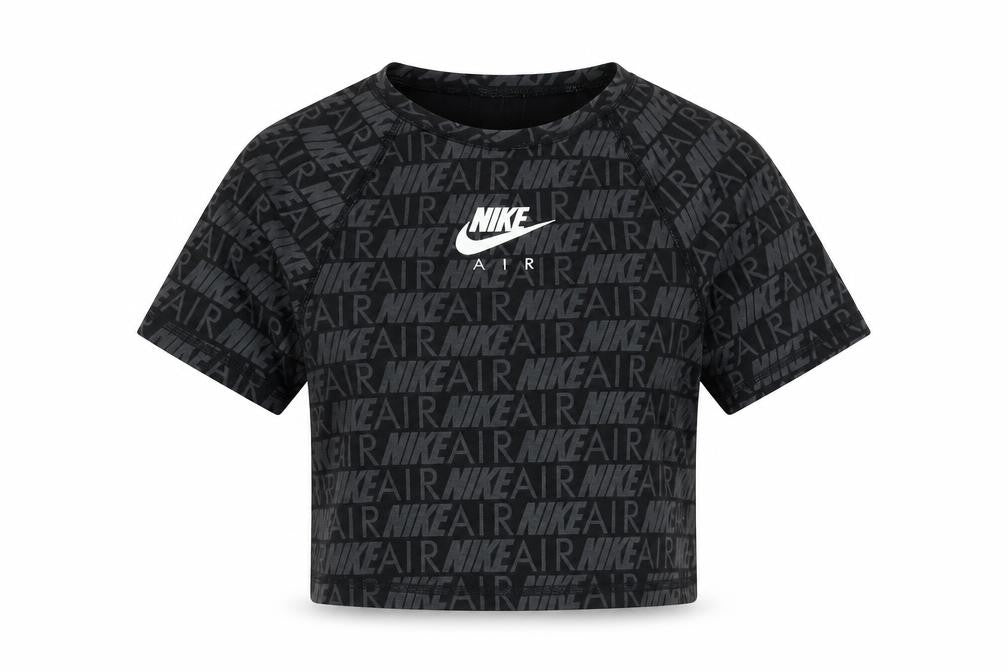 Front view of Nike girls’ black xs cropped logo t-shirt lightweight cotton blend