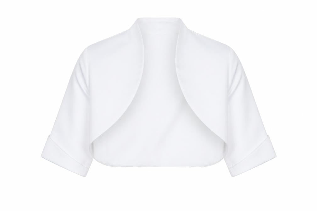Front view of Paul Costelloe girls’ white satin bolero shrug blouse 8 years formal wear