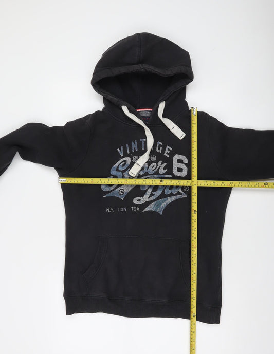 Superdry Womens Black Pullover Hoodie L Vintage Graphic Cotton Blend