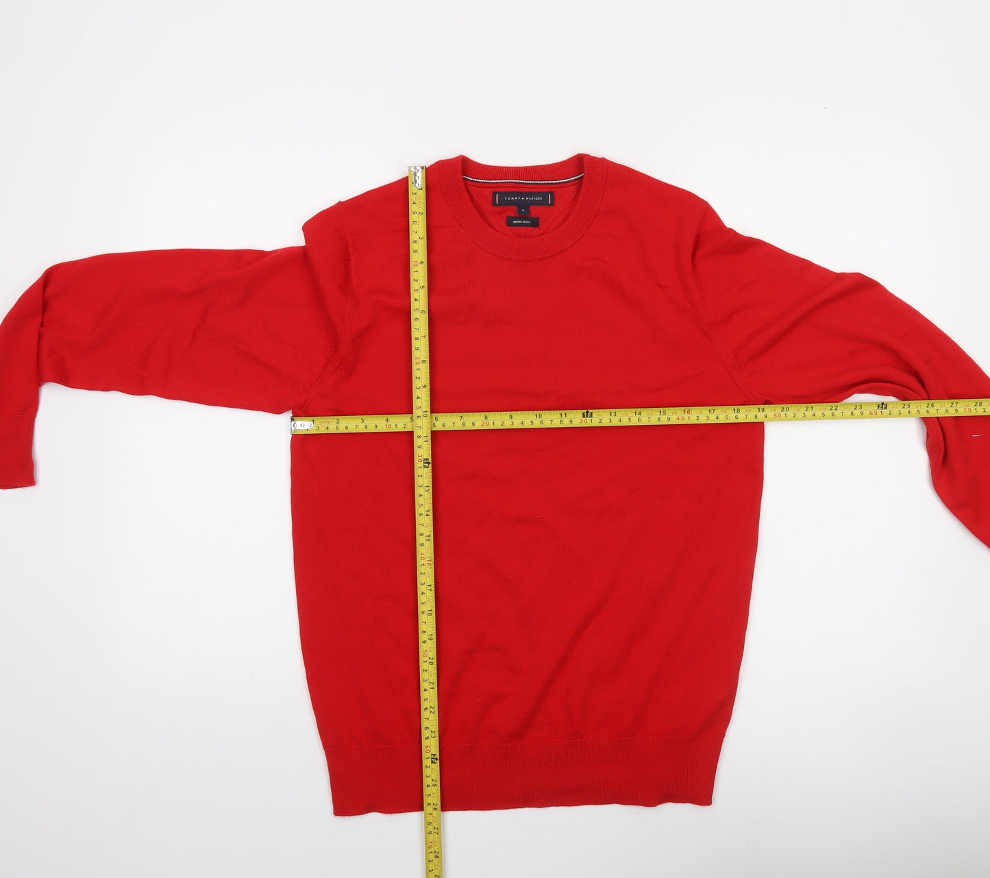 Tommy Hilfiger Men's Red Merino Wool Crew Neck Pullover Jumper Size M