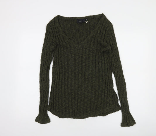 Firetrap Women's Green Wool Blend V-Neck Slim Fit Jumper Size 12