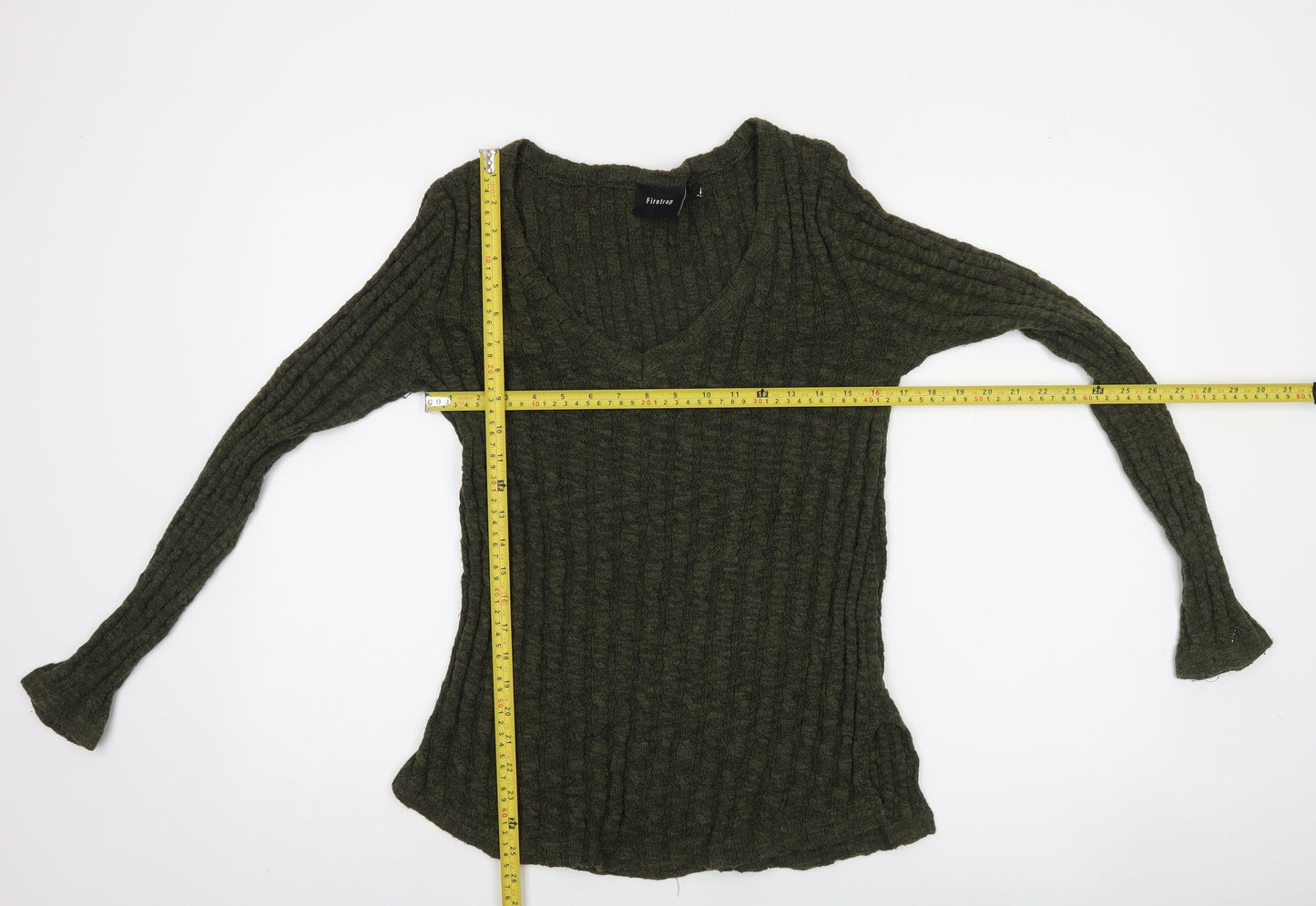 Firetrap Women's Green Wool Blend V-Neck Slim Fit Jumper Size 12