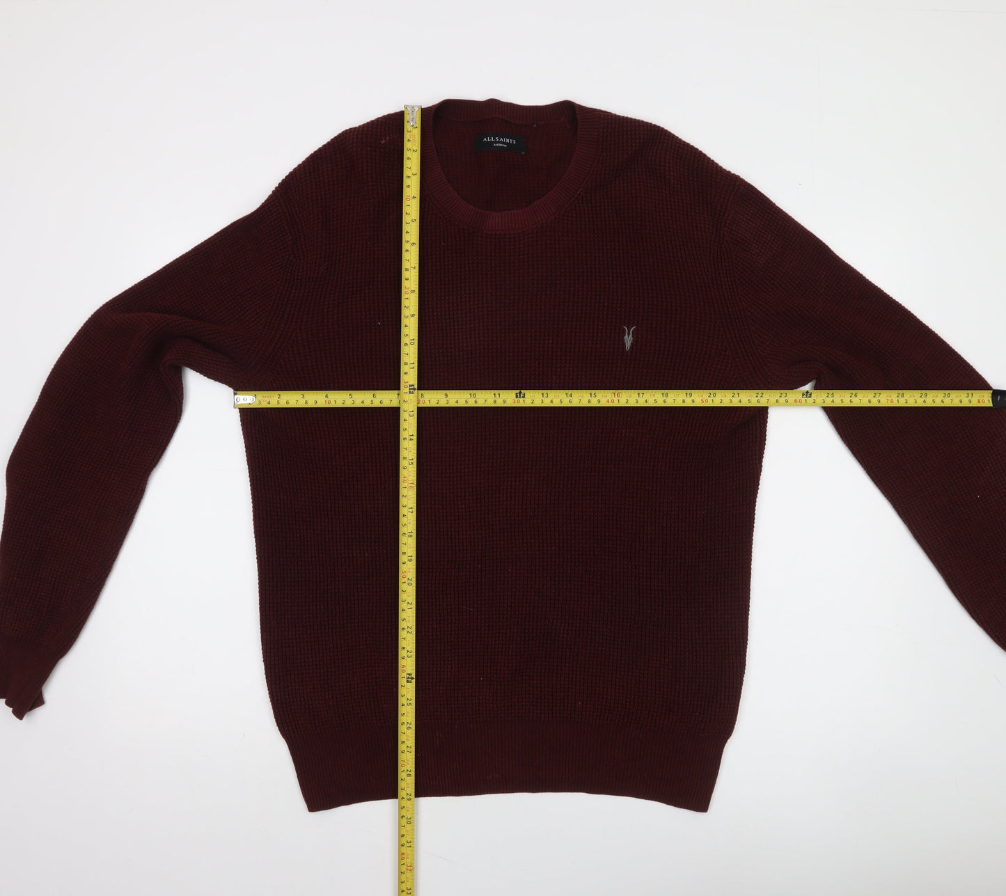 AllSaints Mens Red Cotton Waffle Knit Crew Neck Jumper Medium