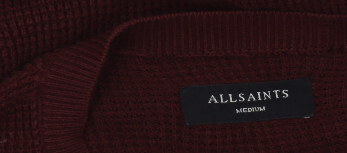 AllSaints Mens Red Cotton Waffle Knit Crew Neck Jumper Medium