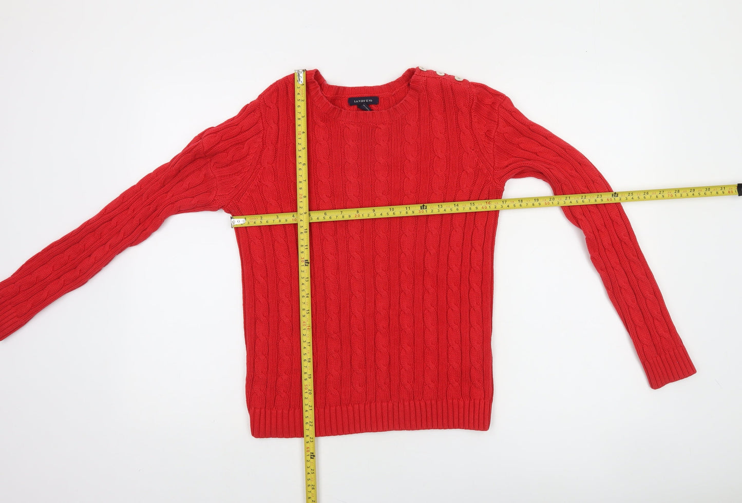 Lands' End Womens Red Cable Knit Cotton Jumper XS