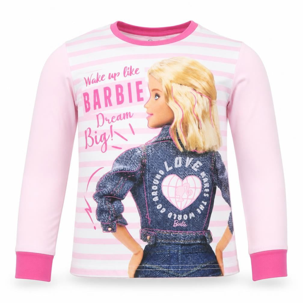 Front view of Barbie girls’ pink long sleeve pyjama top 7-8 years graphic nightwear