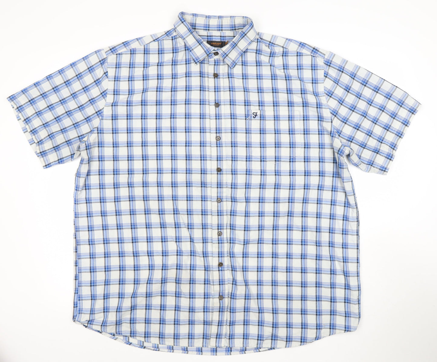 Farah Classic Men's Blue Check 2XL Cotton Button-Up Short Sleeve Shirt