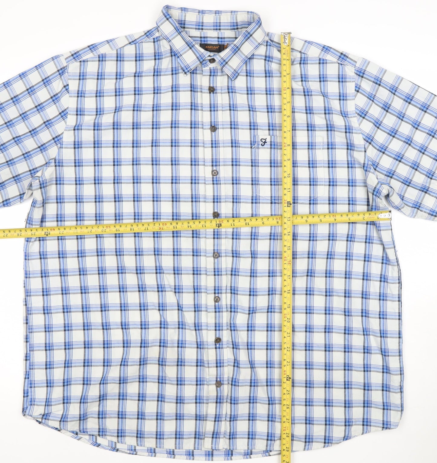 Farah Classic Men's Blue Check 2XL Cotton Button-Up Short Sleeve Shirt