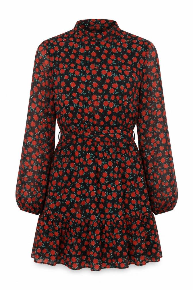 Front view of Dunnes Women Black Floral Fit & Flare Short Dress XS