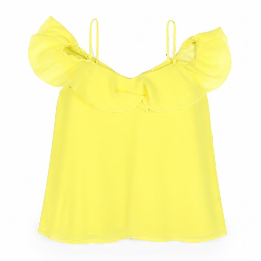 OUIZ Women Yellow Off Shoulder Ruffle Chiffon Blouse Size 12