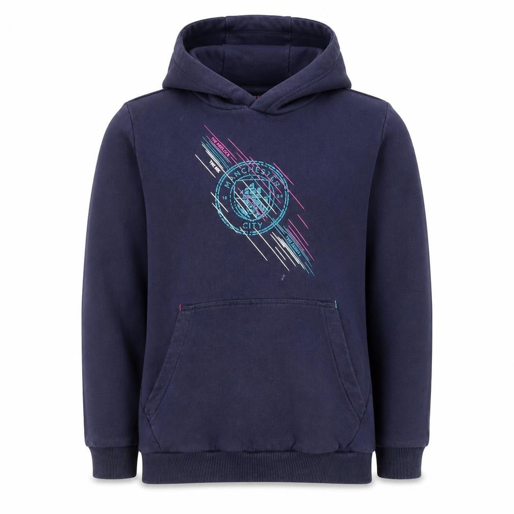 Manchester City Boys Navy Hoodie 11-12 Years Pullover Graphic Print Cotton Blend