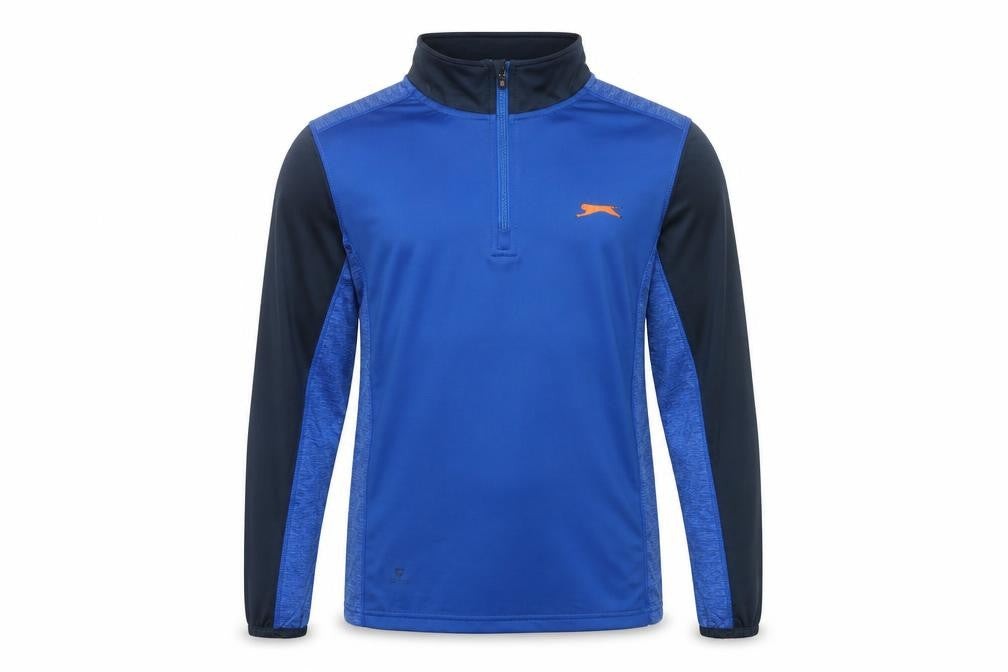 Front view of Slazenger boys’ blue 9-10 years 1/4 zip colourblock sports sweatshirt