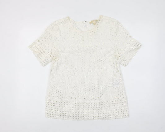 Michael Kors Women's Ivory Cotton Lace Short Sleeve Blouse M