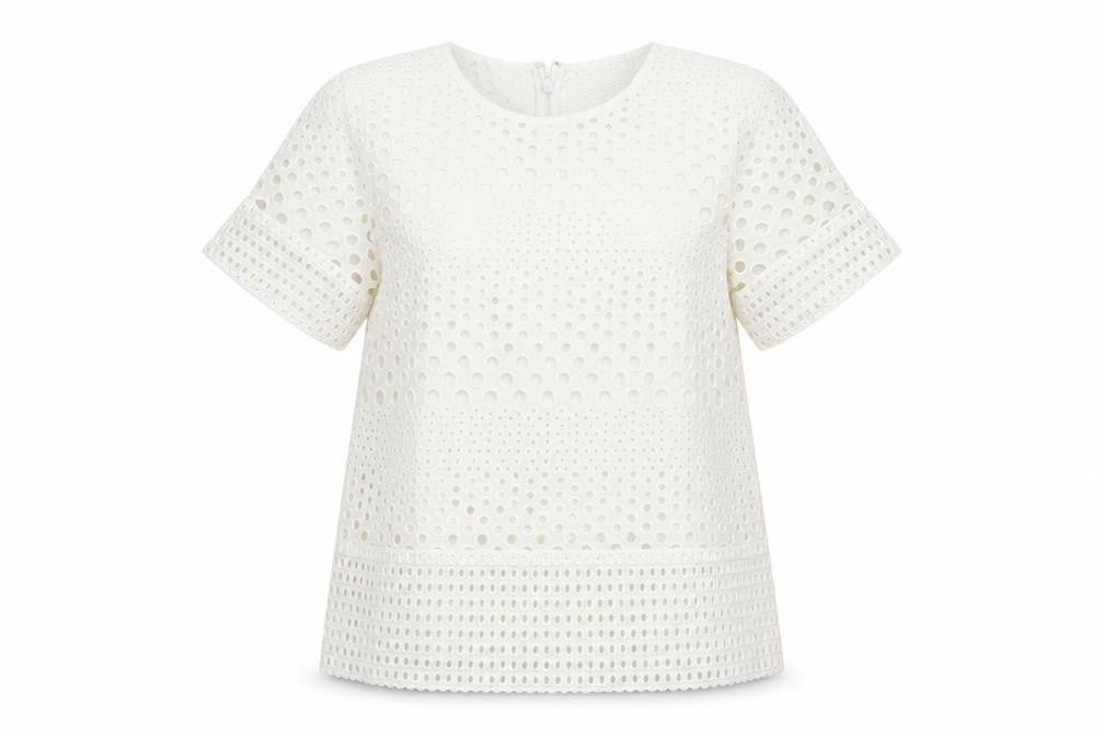 Front view of Michael Kors Women's Ivory Cotton Lace Short Sleeve Blouse M