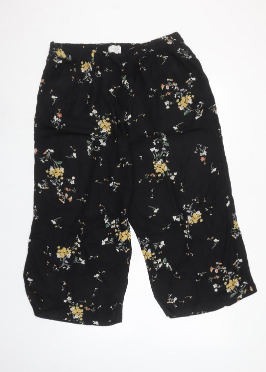 Fat Face Womens Black Floral Cropped Wide-Leg Trousers Size 16