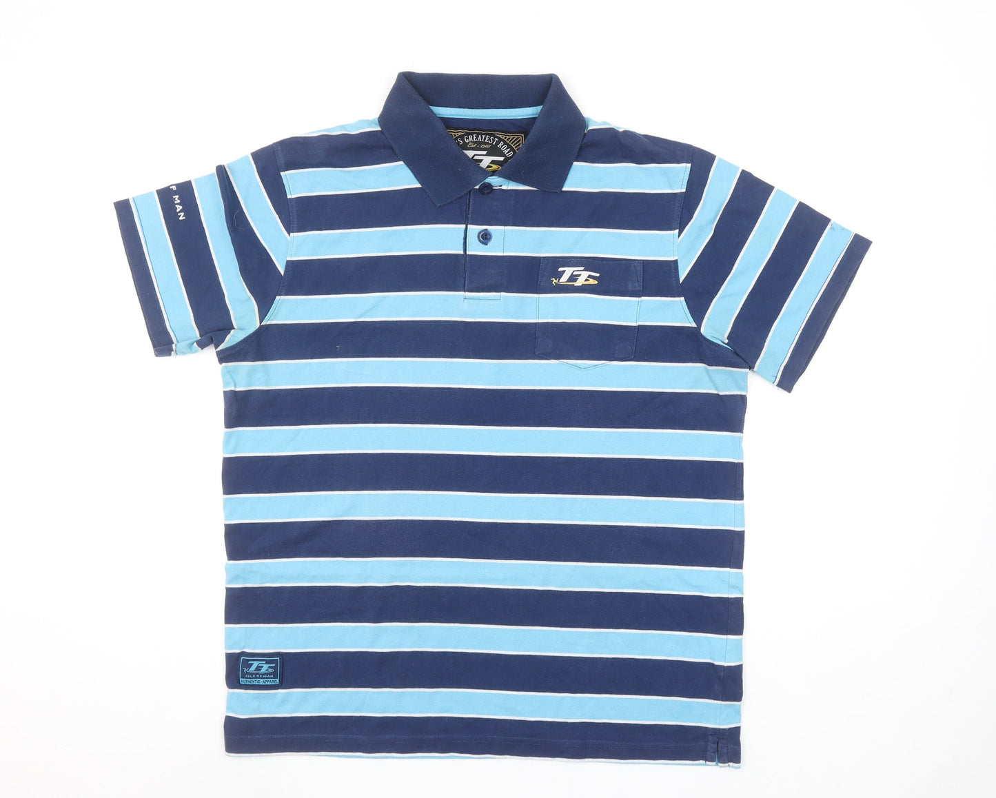 Isle of Man TT Blue Striped Men's Polo Shirt L Regular Fit