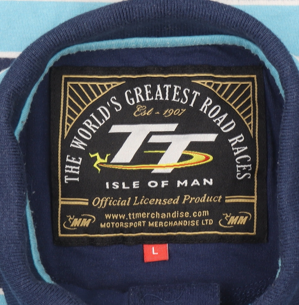 Isle of Man TT Blue Striped Men's Polo Shirt L Regular Fit
