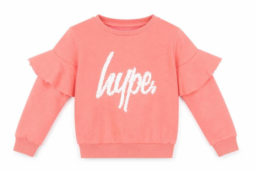 Front view of Hype girls’ pink crew neck ruffle sleeve sweatshirt 9-10 years