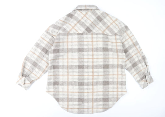Stradivarius Women Beige Check Overshirt Jacket Size 12 Fleece Style
