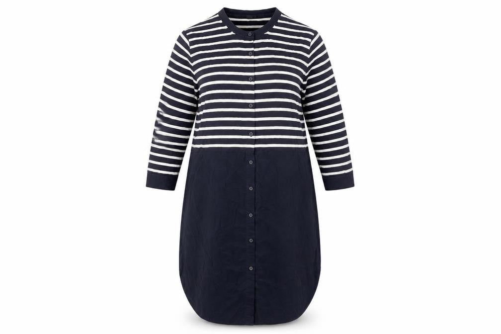 Front view of COS Women Blue Striped Shirt Dress, size 8, Collared Cotton 3/4 Sleeve