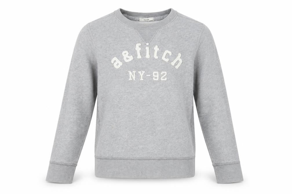 Front view of Abercrombie & Fitch boys’ grey xl pullover fleece sweatshirt logo crew neck
