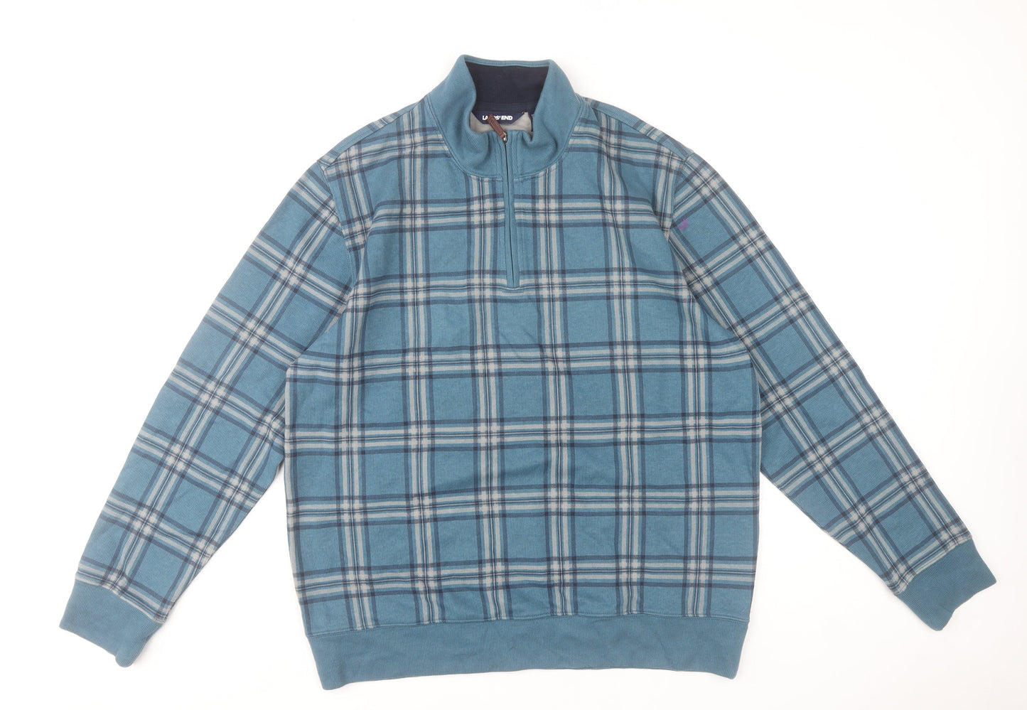 Lands' End Men's Blue Check 1/4 Zip Cotton Sweatshirt Size L
