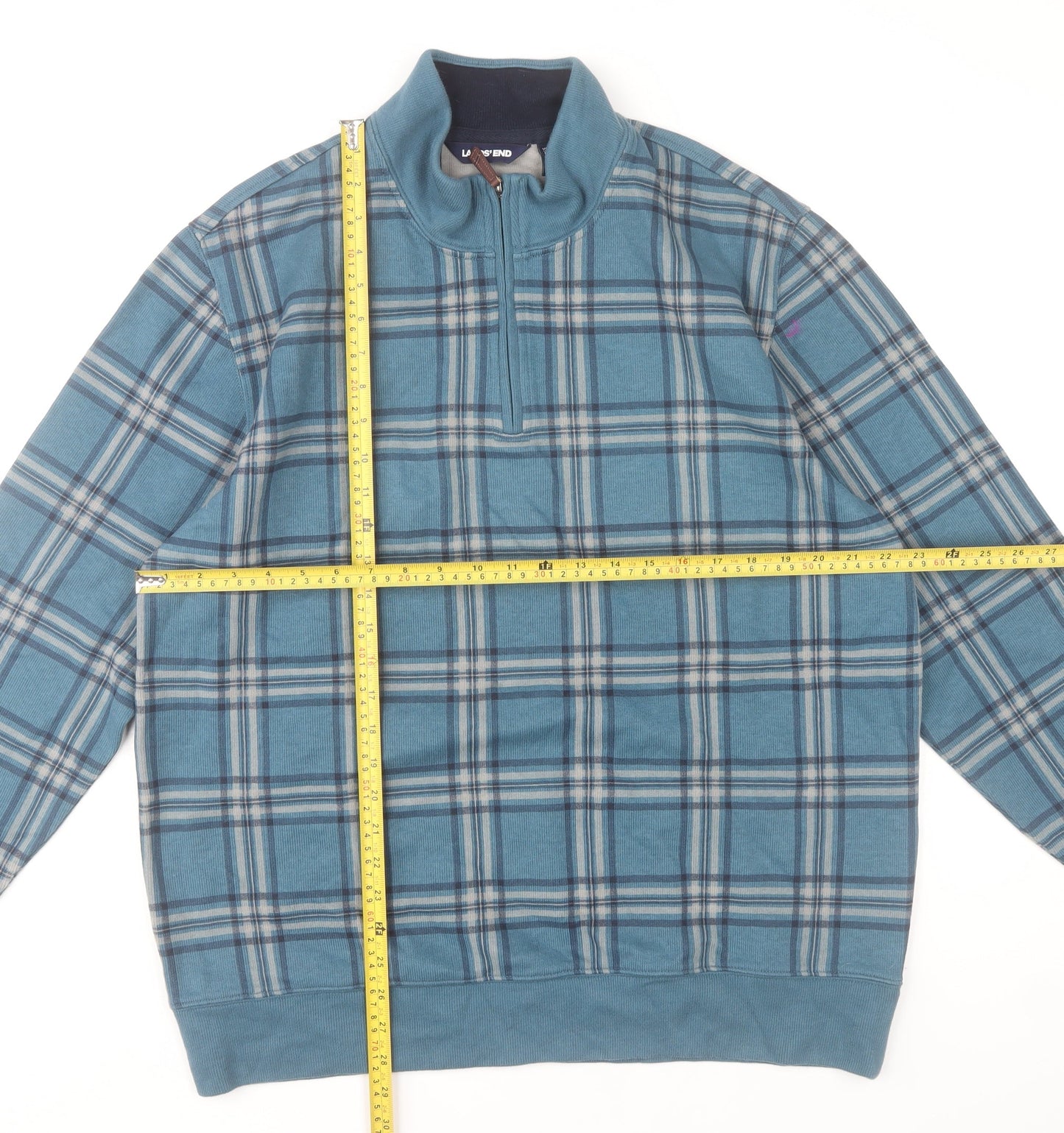 Lands' End Men's Blue Check 1/4 Zip Cotton Sweatshirt Size L
