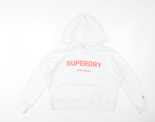 Superdry Womens White Hoodie UK 10 Pullover Sportswear Logo Cotton