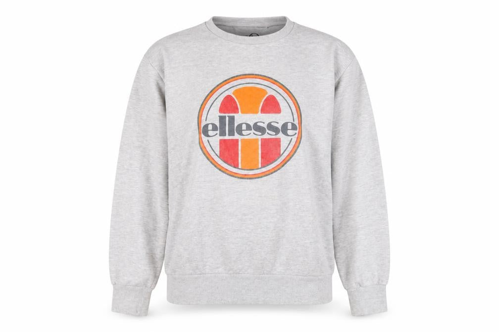 Front view of Ellesse women’s grey crew neck sweatshirt medium logo print casual