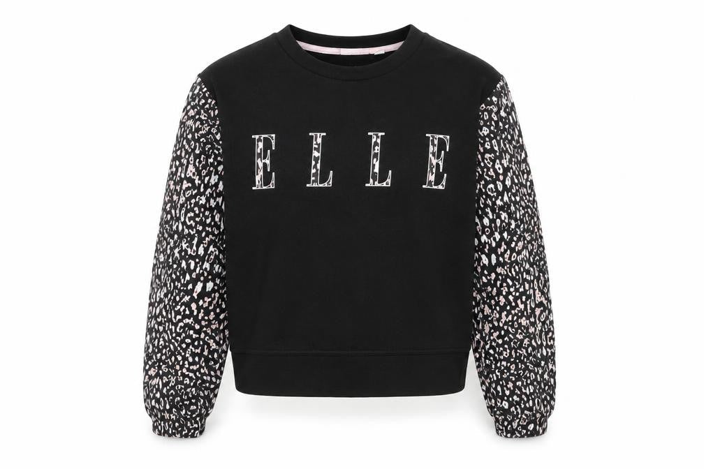 Front view of ELLE Junior girls’ black animal print sleeve sweatshirt 12-13 years