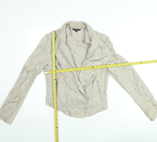 Portmans Women Beige Biker Jacket Size 10 Slim Fit Zip Detail