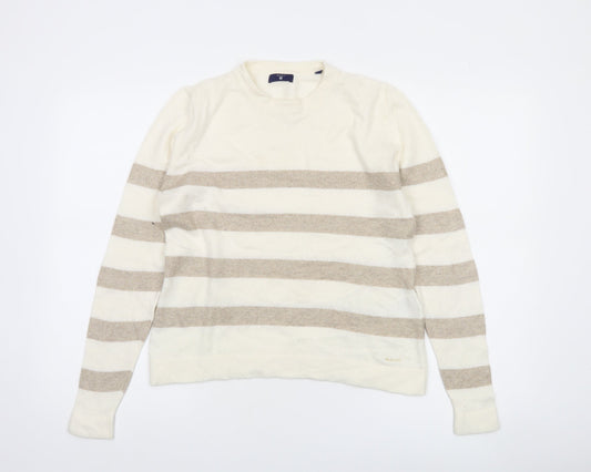 GANT Women's Beige Striped Crew Neck Wool Cashmere Jumper Size S