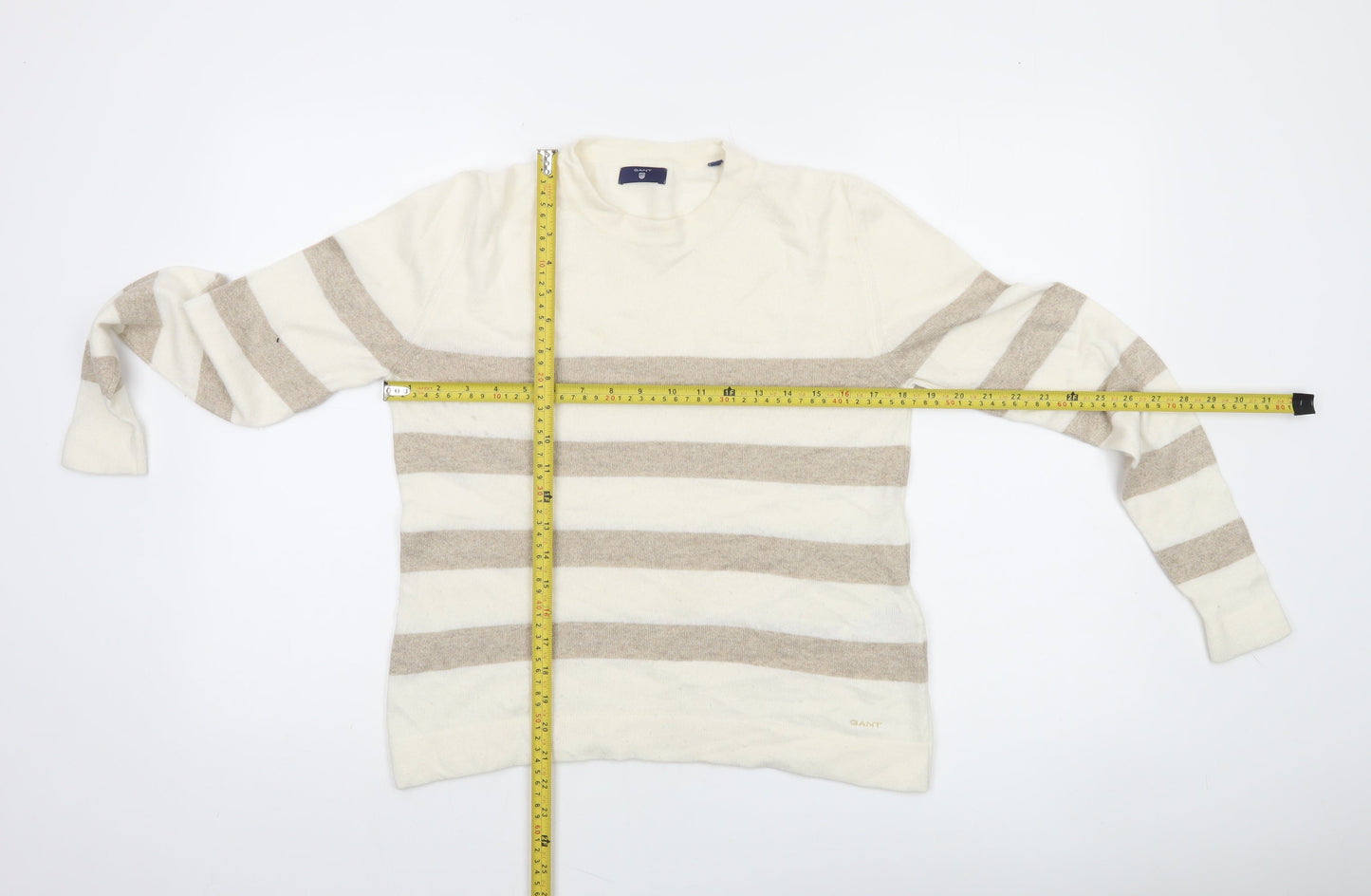 GANT Women's Beige Striped Crew Neck Wool Cashmere Jumper Size S