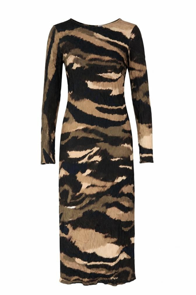 Front view of Gallery Women’s Brown Animal Print Midi Bodycon Dress, size UK 10