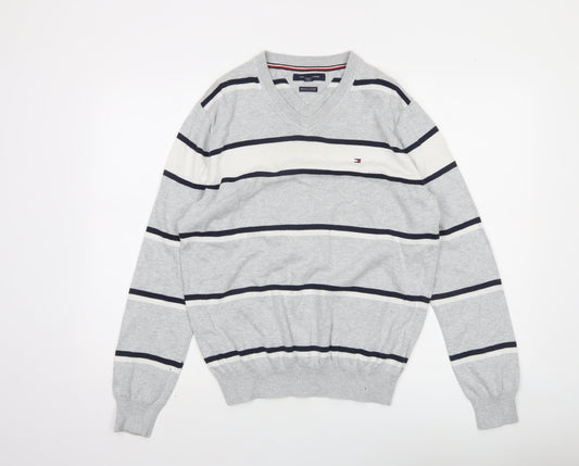 Tommy Hilfiger Men’s Grey Striped Cotton V-Neck Jumper Size S