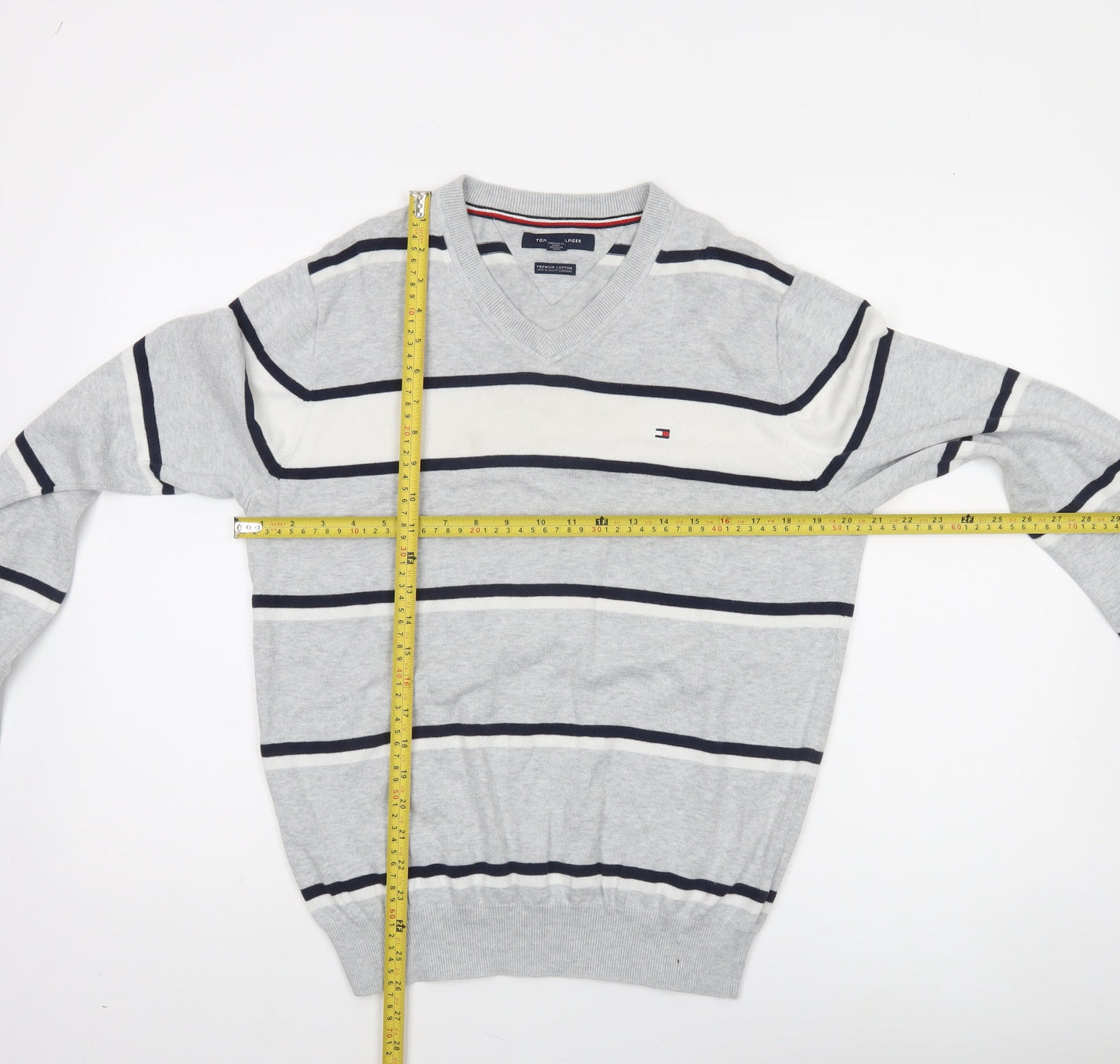 Tommy Hilfiger Men’s Grey Striped Cotton V-Neck Jumper Size S