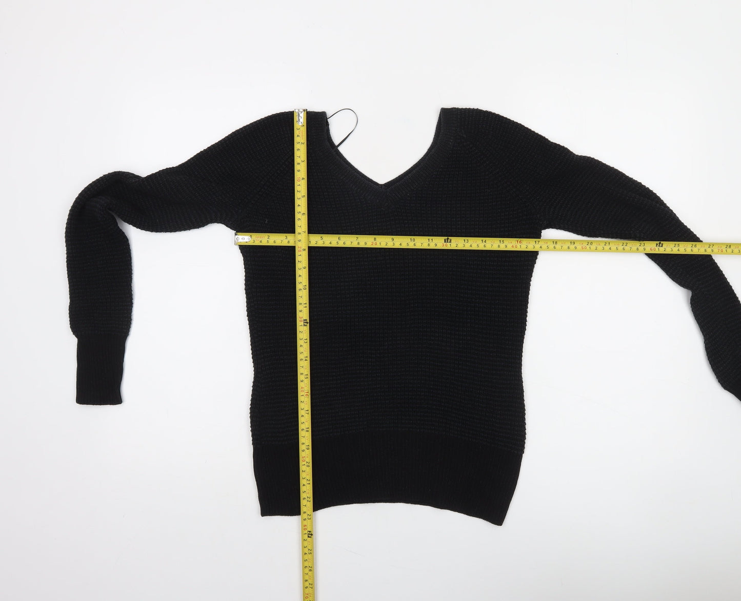 Calvin Klein Women's Black V-Neck Waffle Knit Jumper Size S