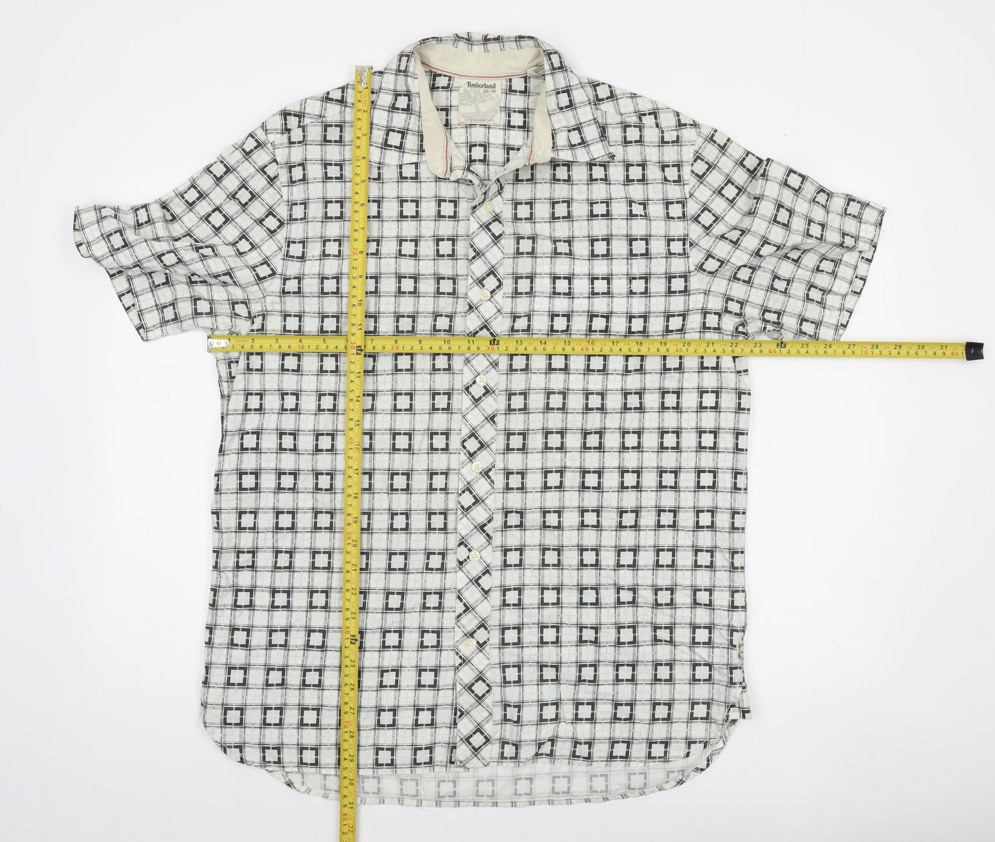 Timberland Men's White Checked Short Sleeve Button-Up Shirt M