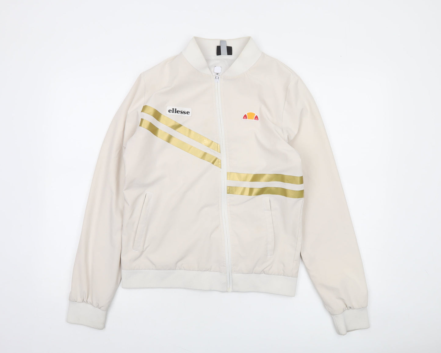 Ellesse Women’s Beige Bomber Jacket UK 10 Full Zip Retro Stripe