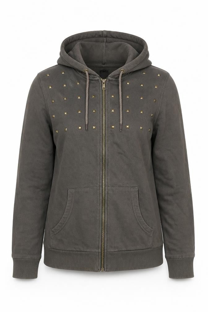 Front view of ASOS Women’s Brown Studded Full Zip Hoodie, size S, Hooded Sweatshirt