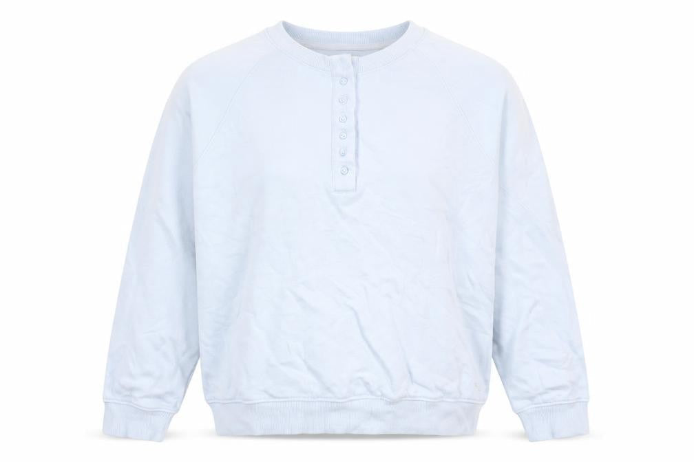 Front view of Crew Clothing women’s blue, size UK 10, henley sweatshirt cotton blend